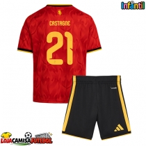 Camisa de Futebol Bélgica Timothy Castagne #21 Equipamento Principal Infantil Mundo 2026 Manga Curta (+ Calças curtas)